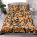 Shiba Inu quilt bedding set styled in a bright bedroom with matching dog-themed pillow artwork
