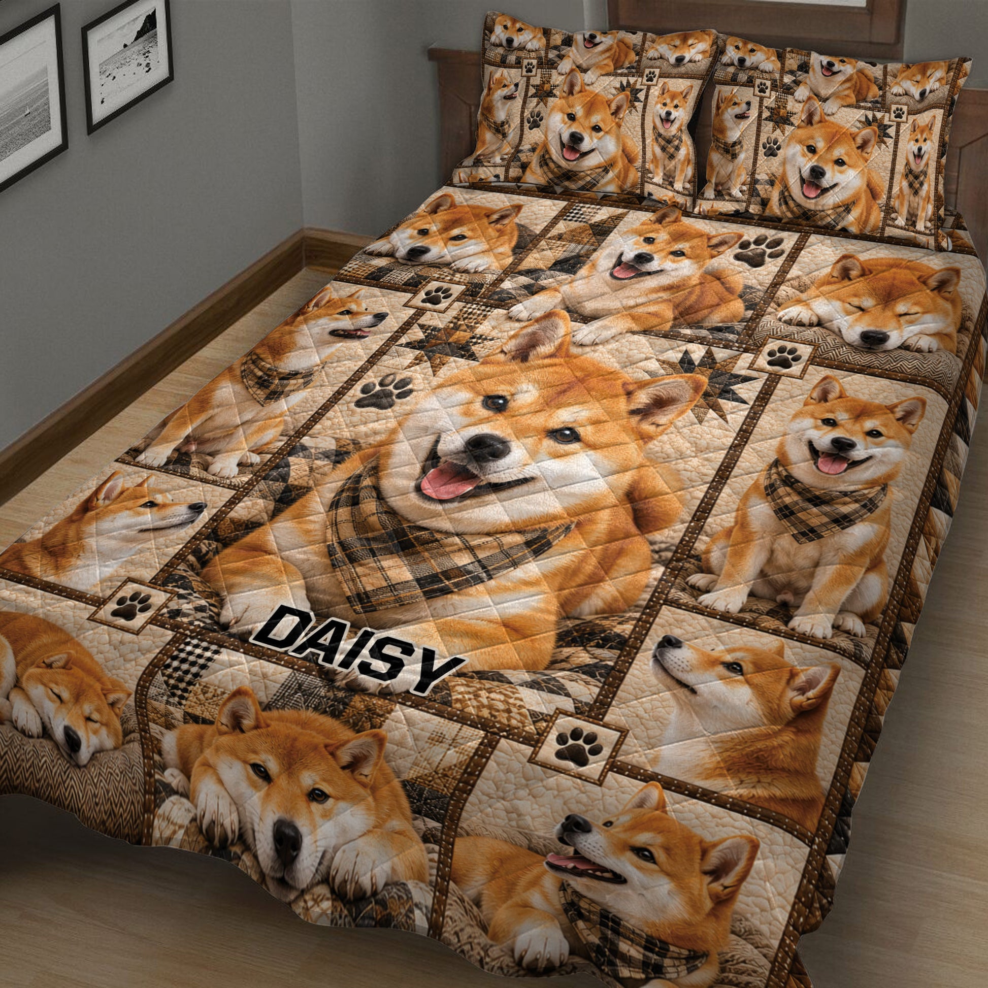 Close view of Shiba Inu quilt blanket artwork featuring sleeping and smiling dogs in warm brown tones