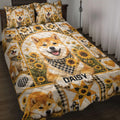 Shiba Inu quilt bedding set displayed on a bed with sunflowers, plaid accents, and patchwork artwork
