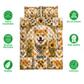 Shiba Inu quilt blanket and pillow designs shown with sunflower artwork and care feature icons
