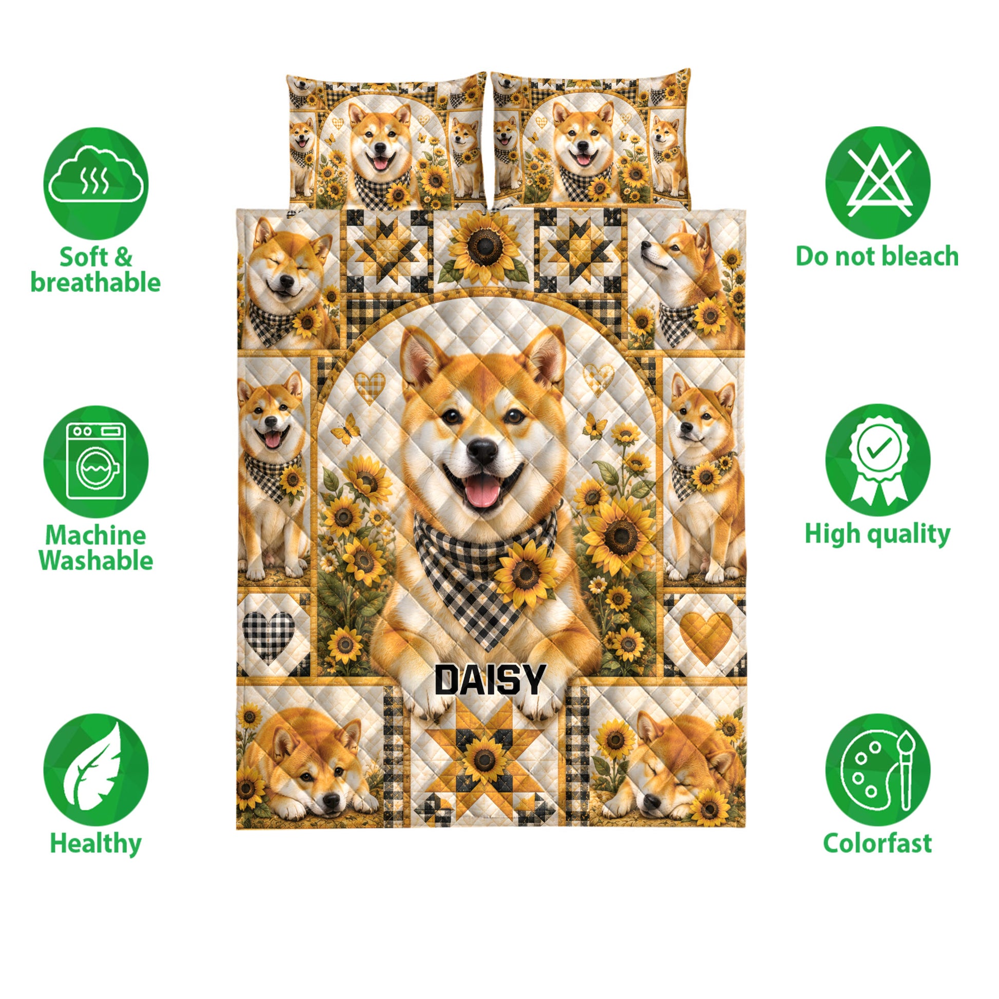 Shiba Inu quilt blanket and pillow designs shown with sunflower artwork and care feature icons