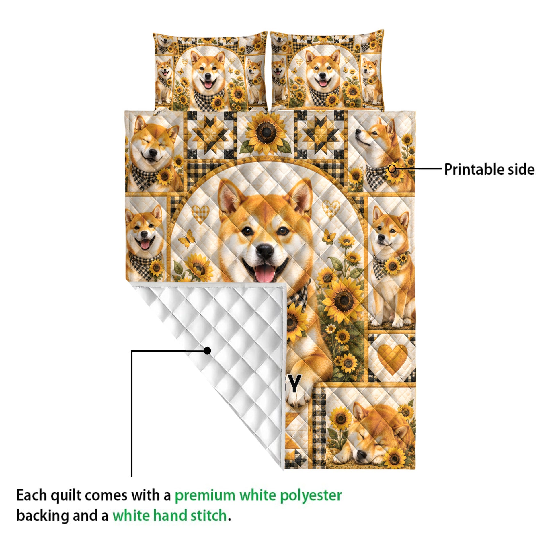 Shiba Inu quilt showing the printed front design and white quilted reverse side