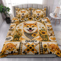 Shiba Inu sunflower quilt styled across a bedroom with coordinated dog artwork