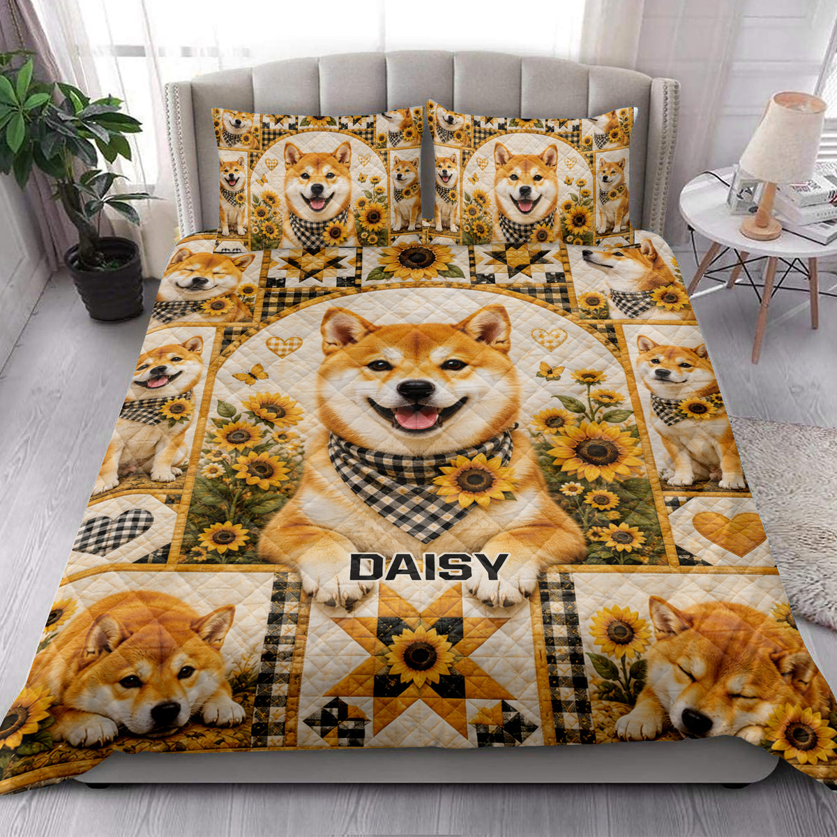Shiba Inu sunflower quilt styled across a bedroom with coordinated dog artwork