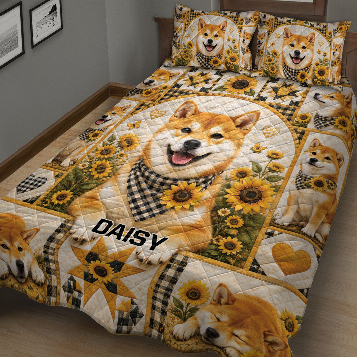 Close view of a Shiba Inu quilt blanket featuring sunflowers, hearts, and plaid patchwork details