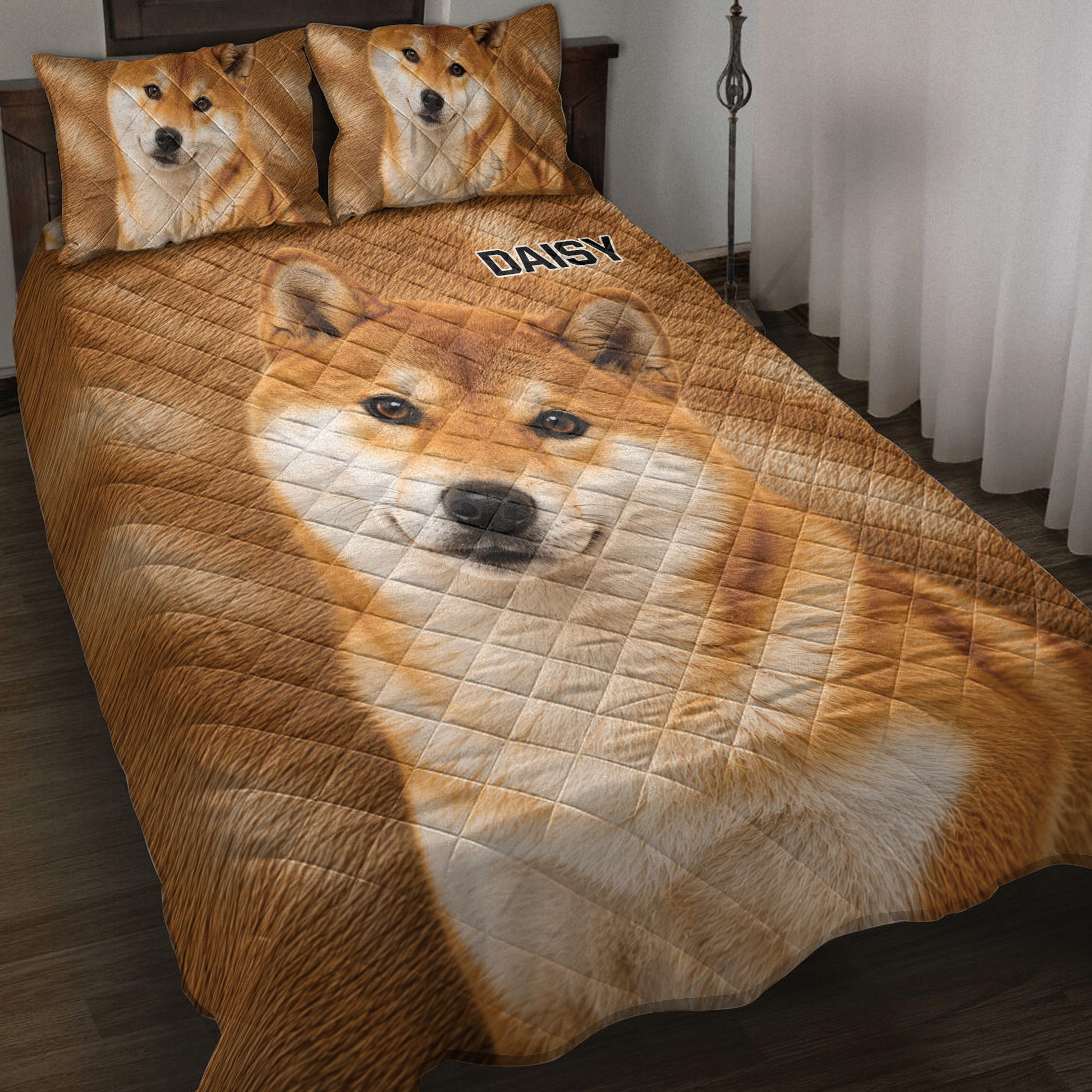 Shiba Inu quilt blanket bedding set displayed on a bed with matching dog portrait pillows