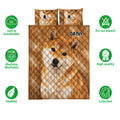Shiba Inu quilt bedding set product display with matching pillows and care feature icons