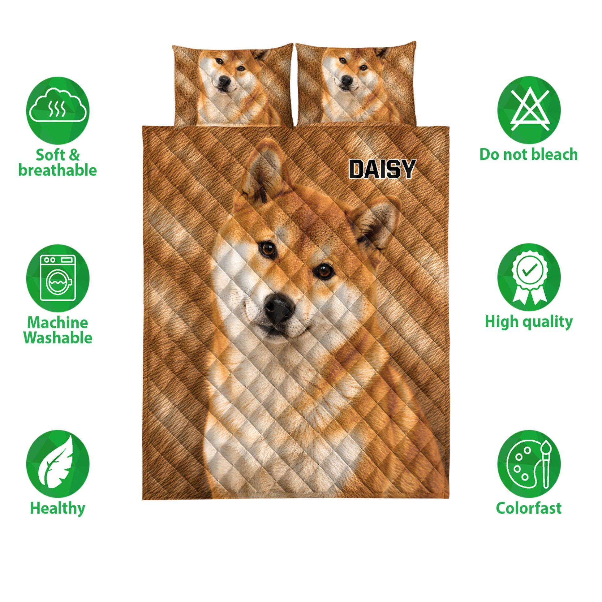 Shiba Inu quilt bedding set product display with matching pillows and care feature icons