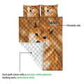 Shiba Inu quilt blanket showing the printed front and white quilted backing