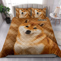 Shiba Inu quilt bedding set styled in a bright bedroom with a large dog portrait