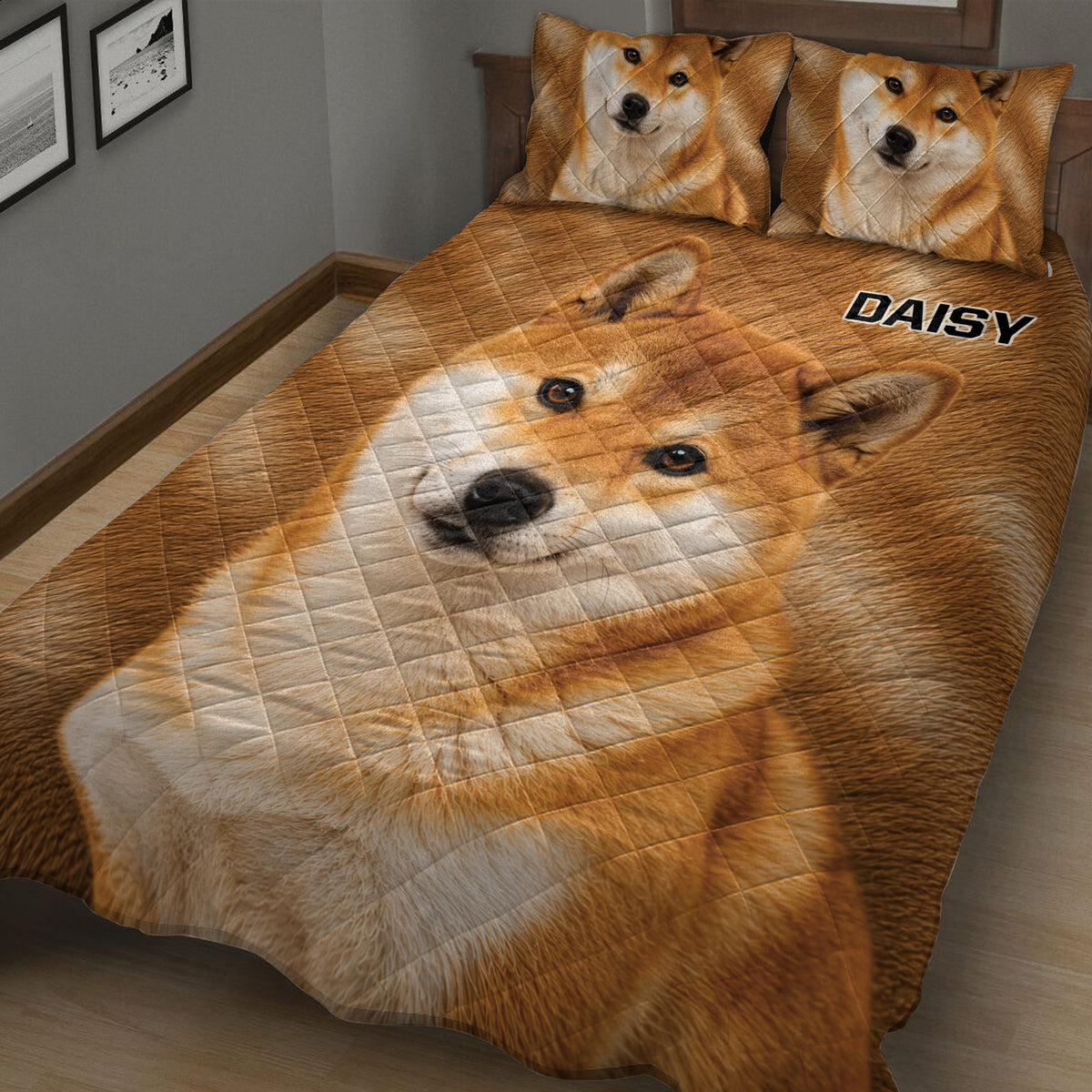 Close bedroom view of a Shiba Inu quilt blanket with matching portrait pillows