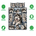 Alaskan Malamute quilt bedding design shown with soft breathable and machine washable feature icons