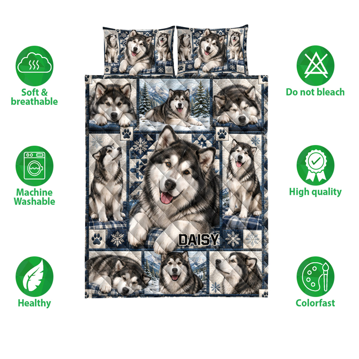 Alaskan Malamute quilt bedding design shown with soft breathable and machine washable feature icons