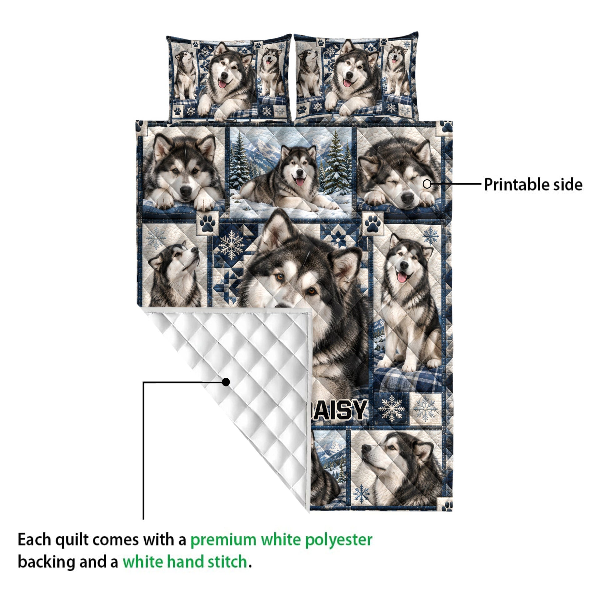 Alaskan Malamute quilt showing the printed front artwork and white quilted backing