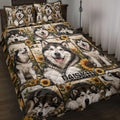 Alaskan Malamute quilt blanket spread across a bed with sunflower panels and multiple dog portraits