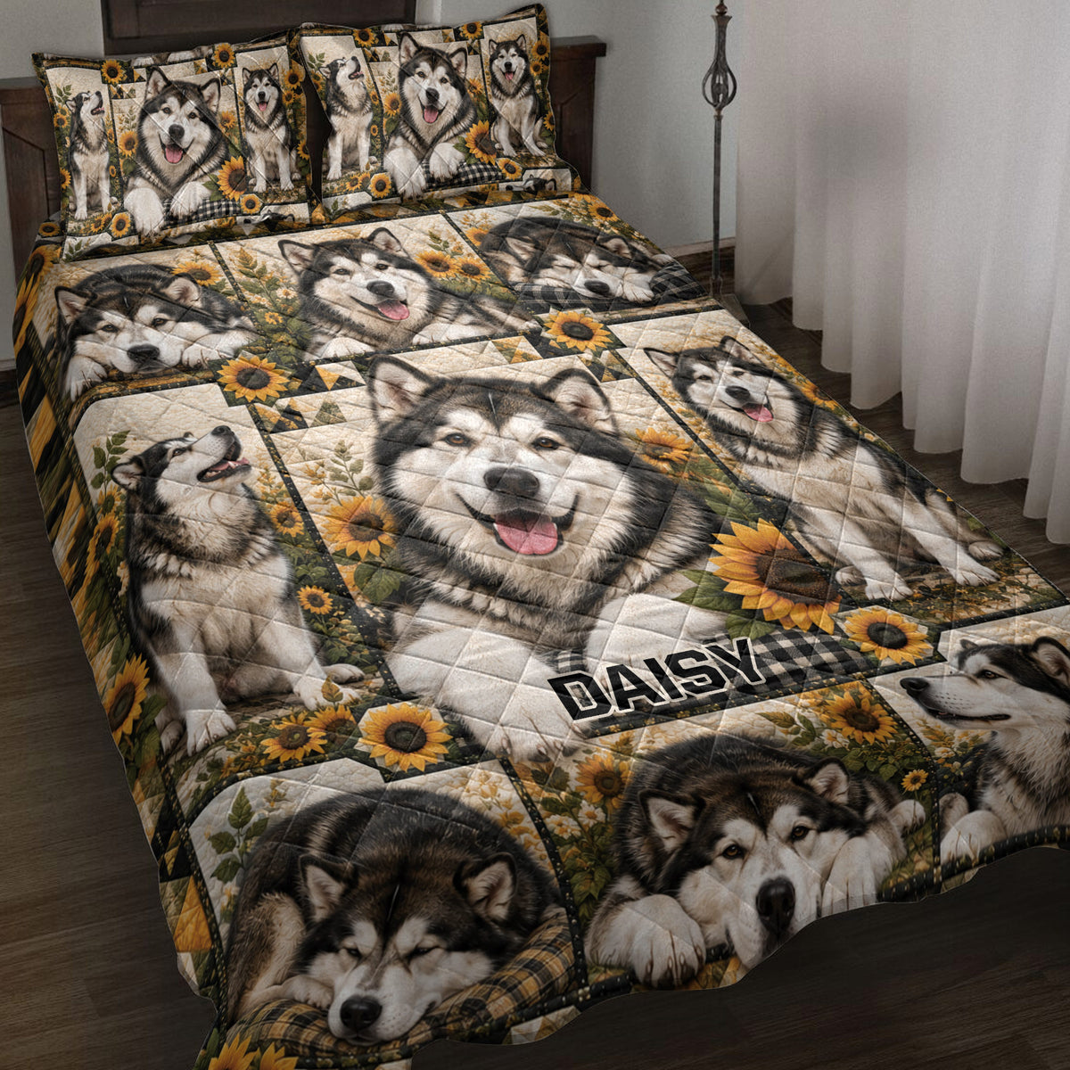 Alaskan Malamute quilt blanket spread across a bed with sunflower panels and multiple dog portraits