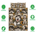 Alaskan Malamute quilt bedding set with sunflower artwork shown alongside care and quality icons