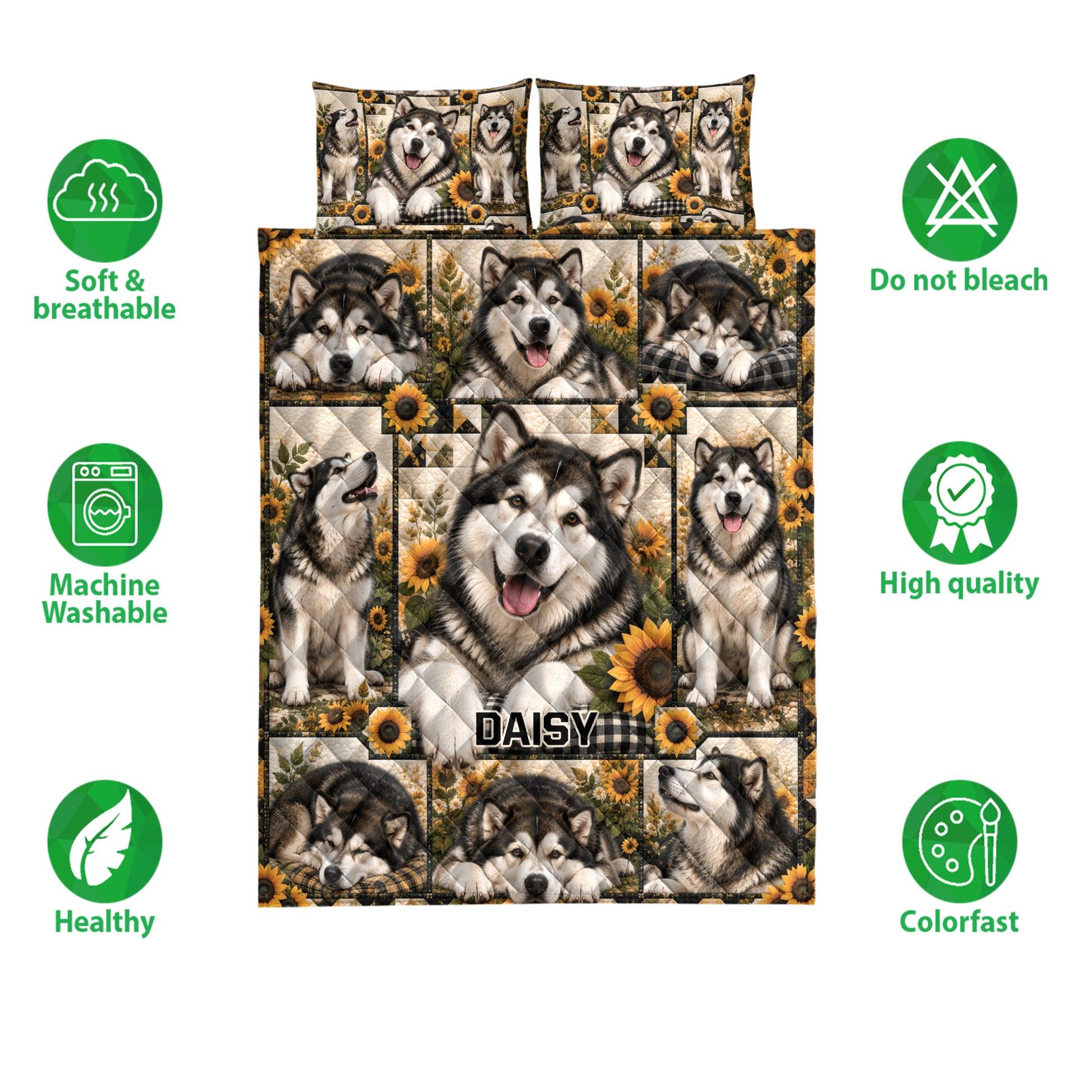 Alaskan Malamute quilt bedding set with sunflower artwork shown alongside care and quality icons