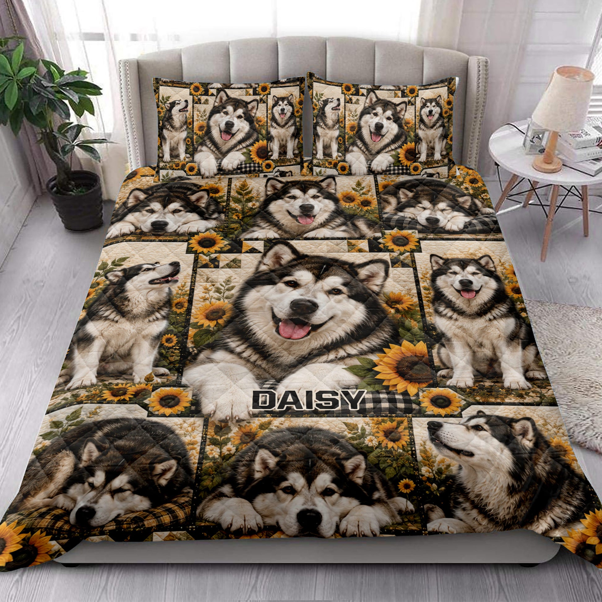 Alaskan Malamute quilt bedding set styled on a modern bed with sunflower and rustic dog artwork
