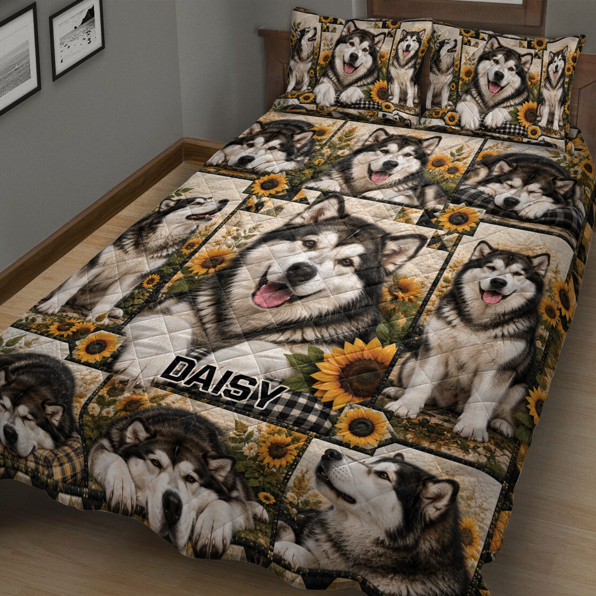 Alaskan Malamute quilt blanket displayed on a bed with smiling and resting dog portraits