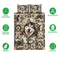 Alaskan Malamute quilt bedding set shown front-facing with daisy artwork and soft, breathable feature callouts