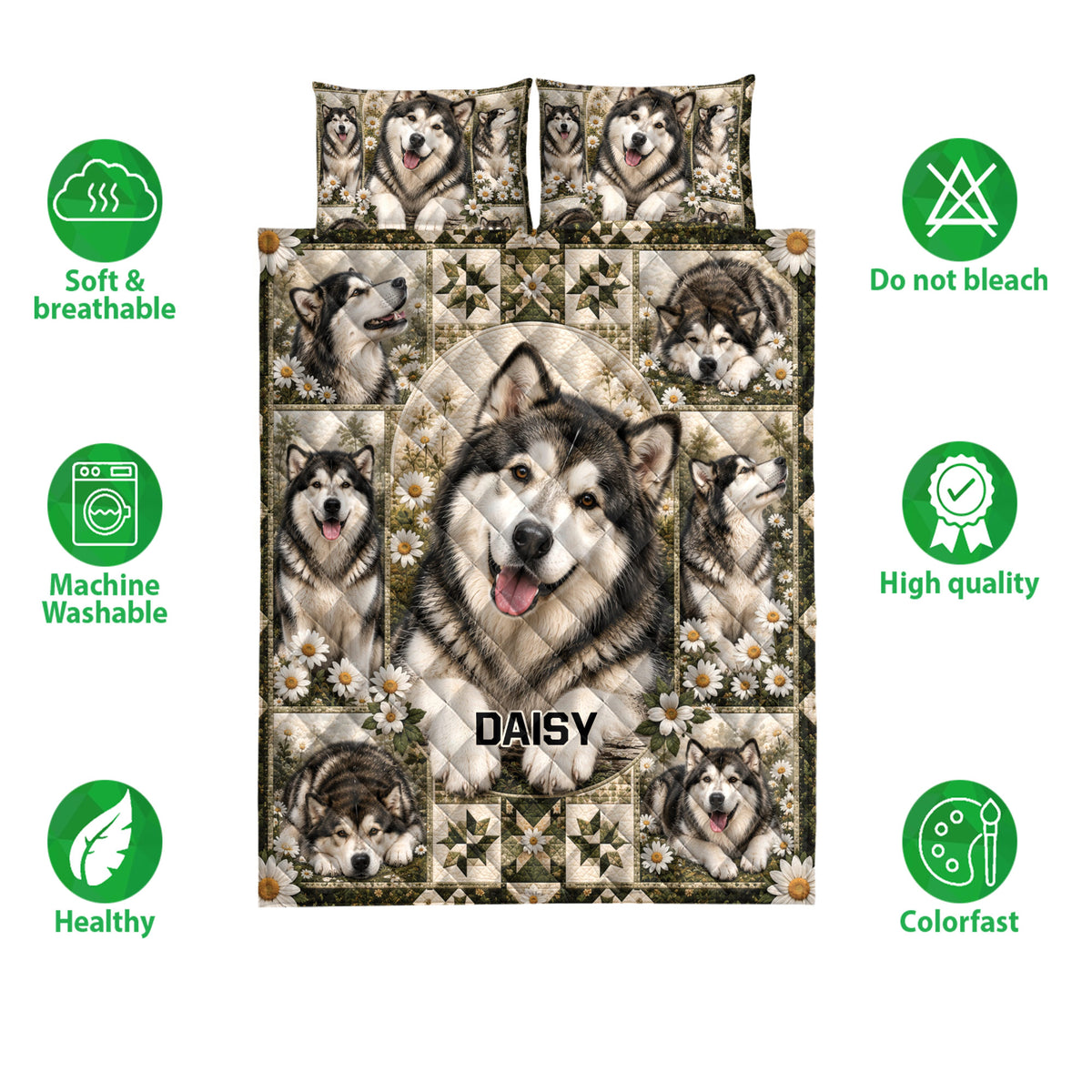 Alaskan Malamute quilt bedding set shown front-facing with daisy artwork and soft, breathable feature callouts