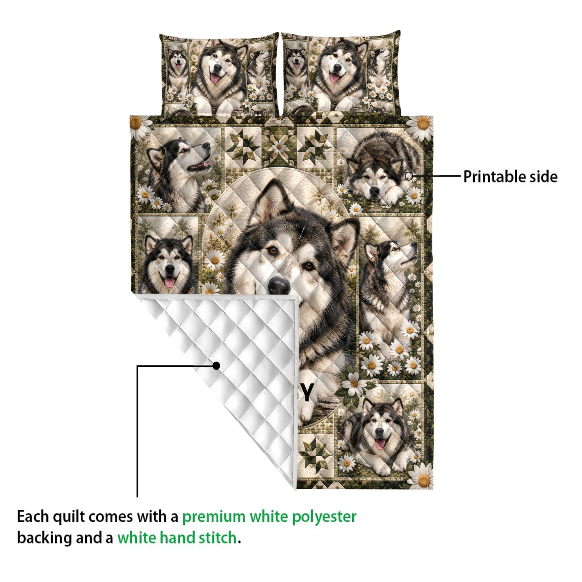 Alaskan Malamute quilt showing the printed daisy artwork and white quilted backing detail