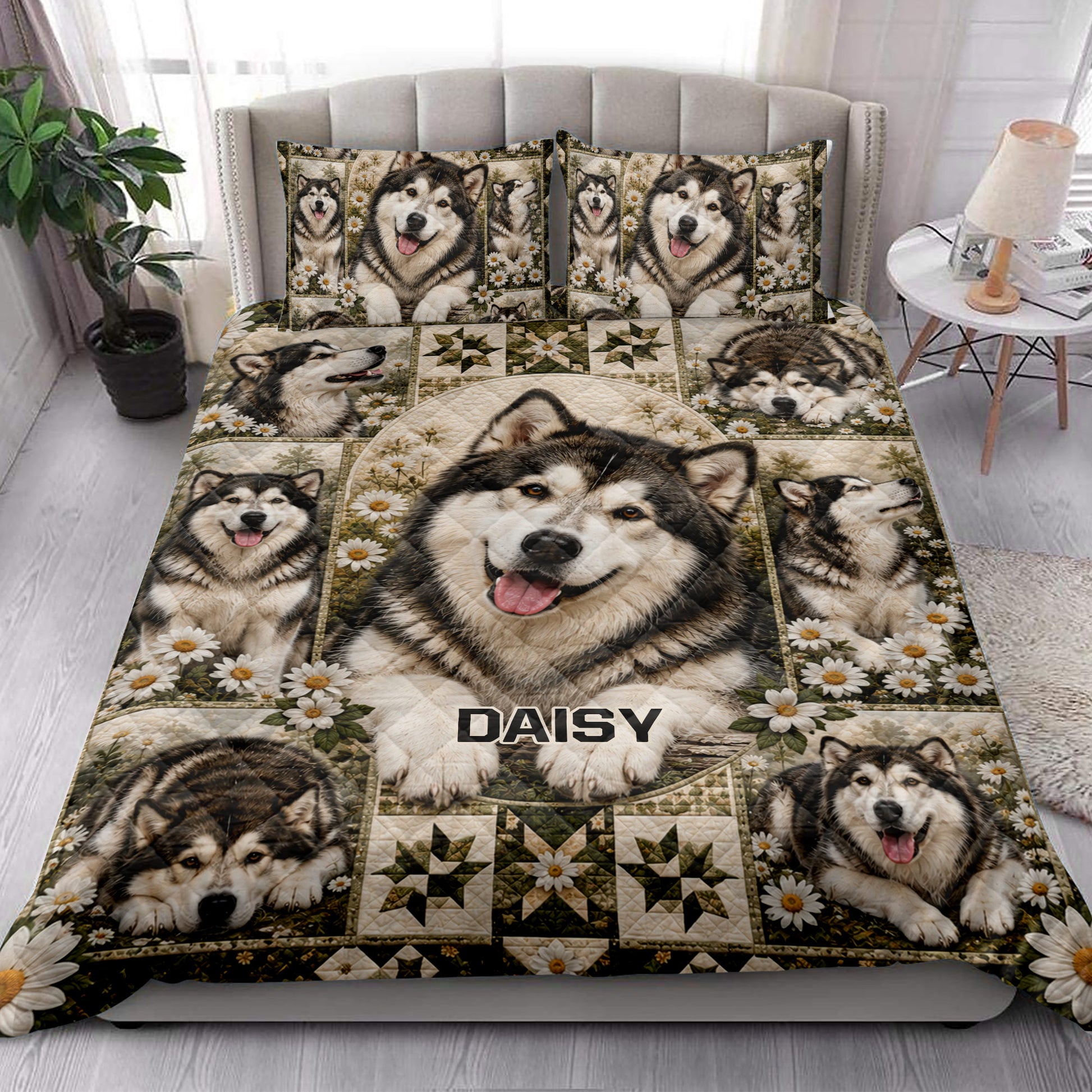 Alaskan Malamute quilt blanket styled in a bright bedroom with matching dog artwork across the bed