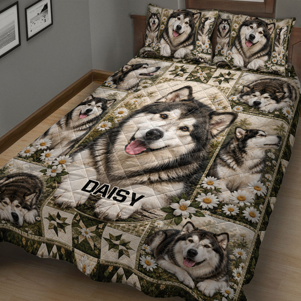 Close bedroom view of an Alaskan Malamute quilt with floral panels, rustic patchwork, and expressive dog portraits