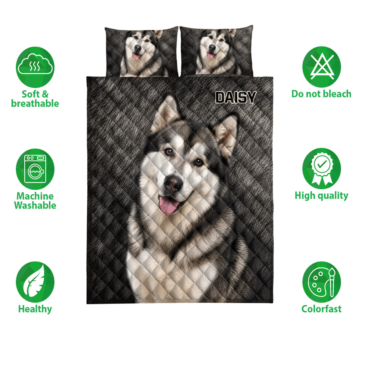 Alaskan Malamute quilt bedding set with dog portrait artwork and product feature icons
