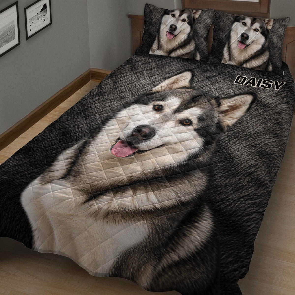 Close-up Alaskan Malamute quilt blanket with realistic dog portrait and dark geometric background