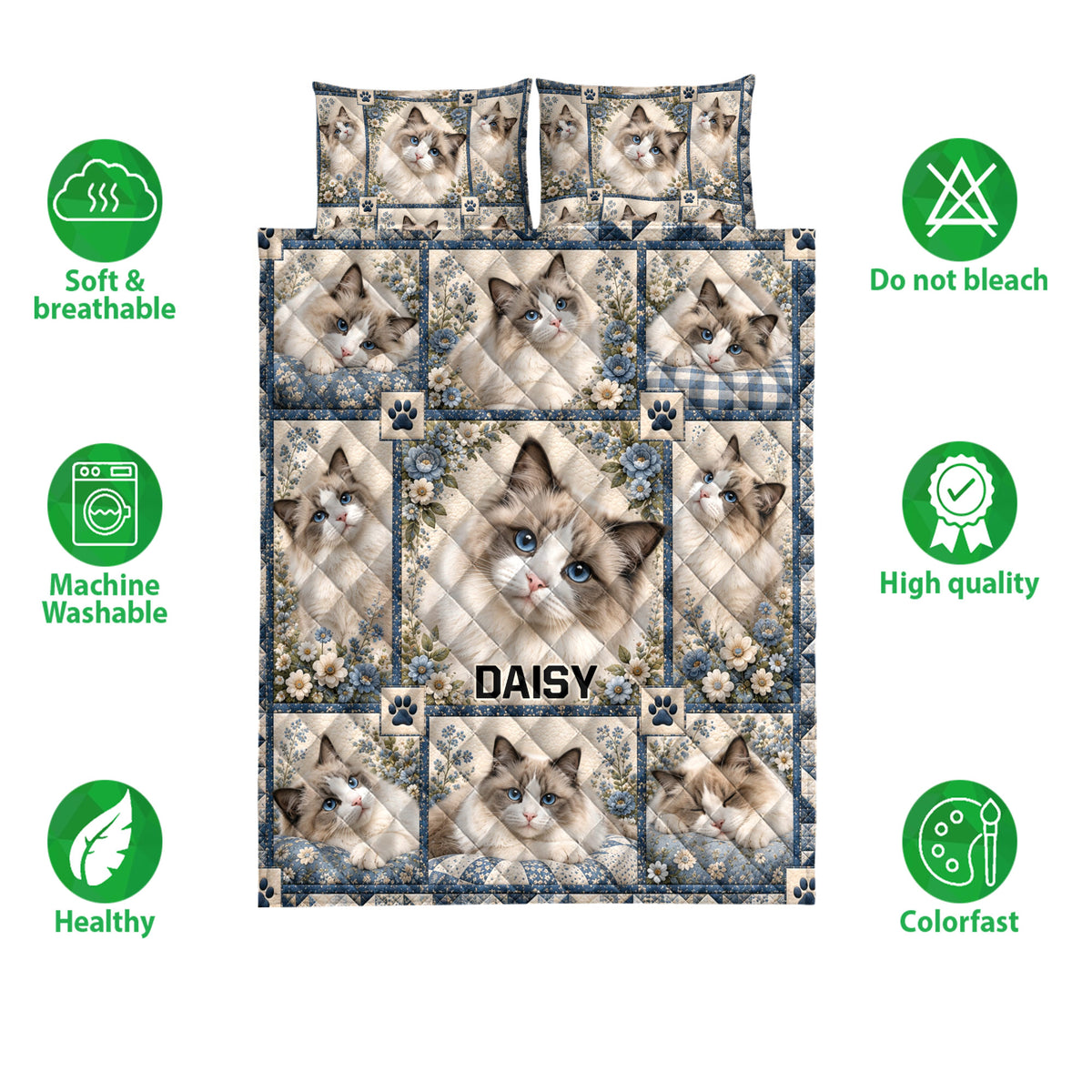 Ragdoll cat quilt bedding displayed with matching pillowcases and soft, breathable care features