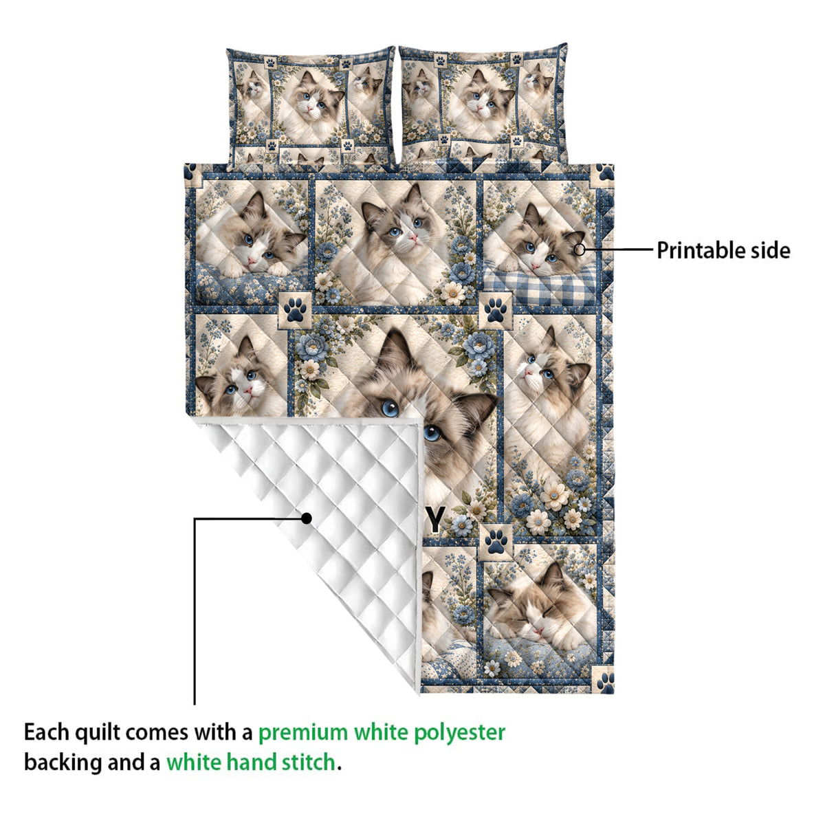 Ragdoll cat quilt showing the printed floral side and white diamond-stitched reverse