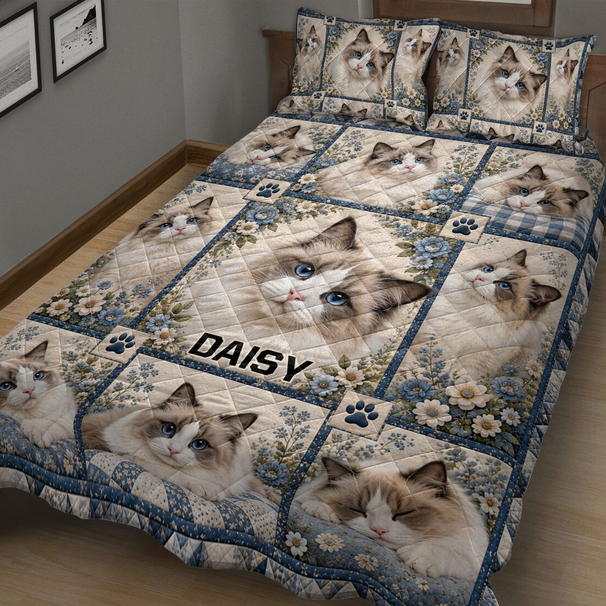 Close bedroom view of a Ragdoll cat quilt blanket with blue-eyed cats, flowers, and paw prints