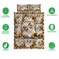 Ragdoll cat quilt bedding set shown with sunflower artwork and soft breathable bedding feature icons