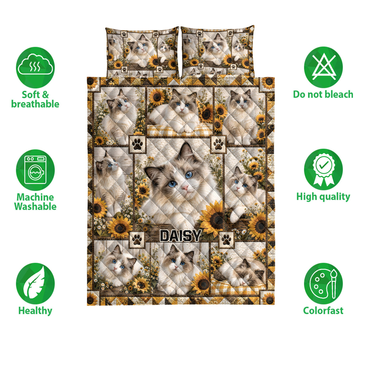 Ragdoll cat quilt bedding set shown with sunflower artwork and soft breathable bedding feature icons