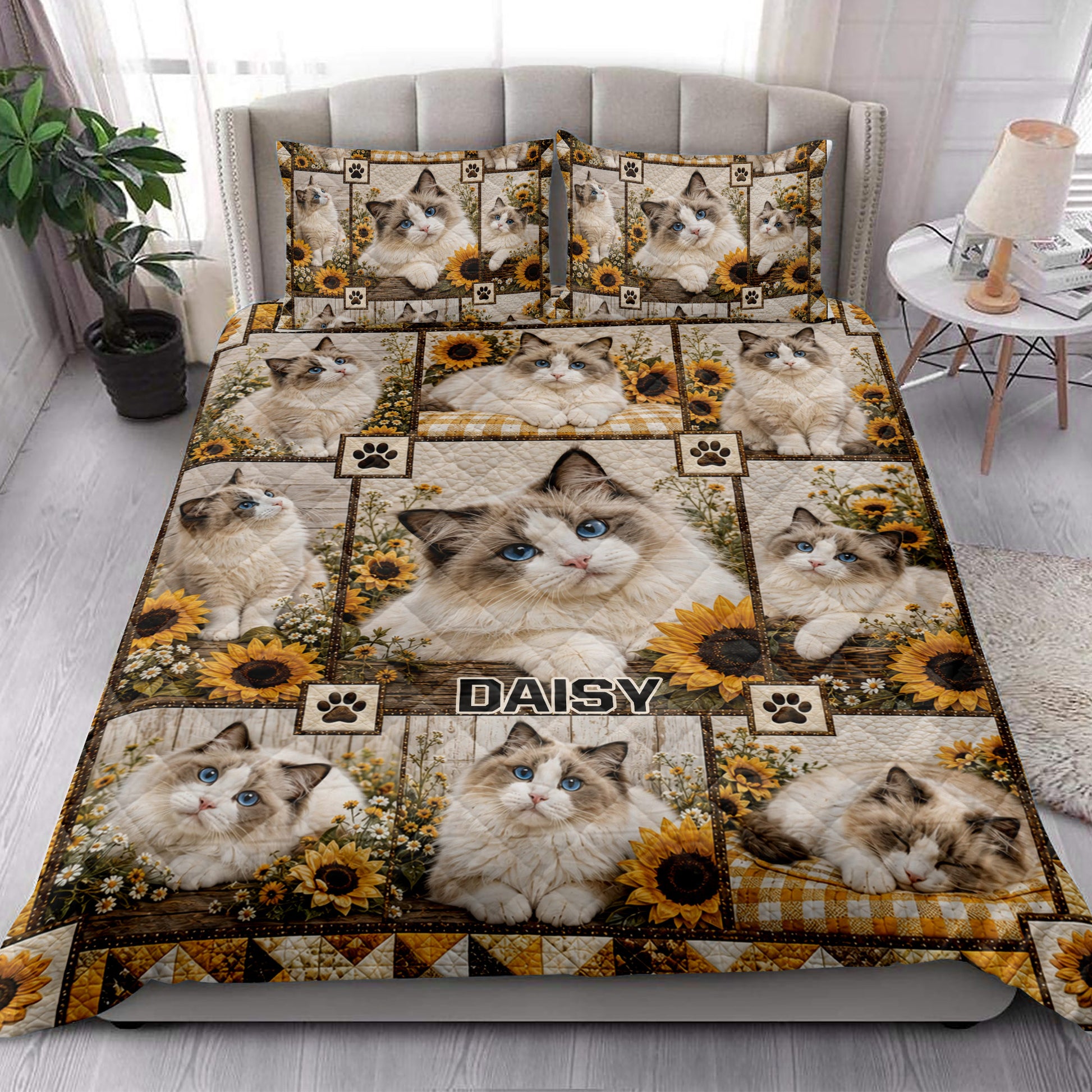 Ragdoll cat and sunflower quilt blanket styled in a bright bedroom with matching printed pillows