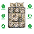 Ragdoll cat quilt bedding set displayed with repeated cat portraits, daisy artwork, and care feature icons
