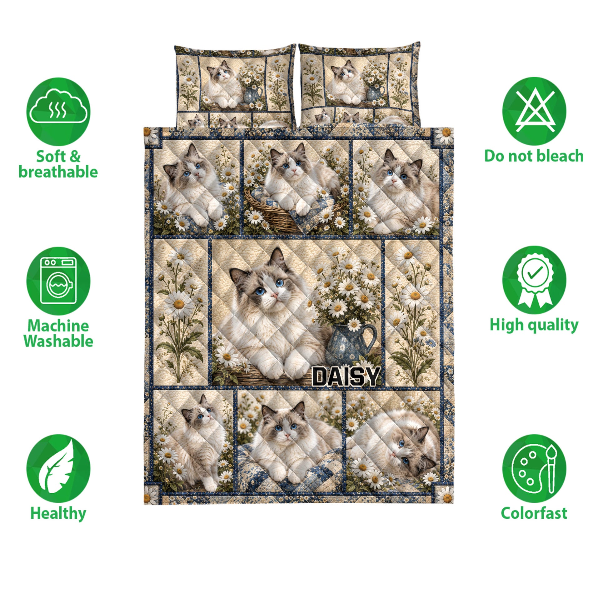 Ragdoll cat quilt bedding set displayed with repeated cat portraits, daisy artwork, and care feature icons