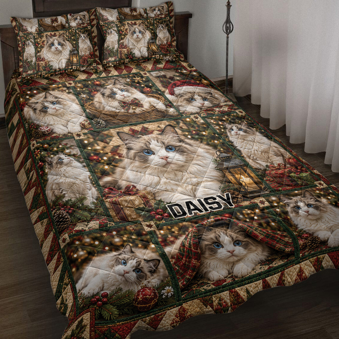 Ragdoll cat quilt blanket spread across a bed with Christmas lights, gifts, greenery, and festive patchwork