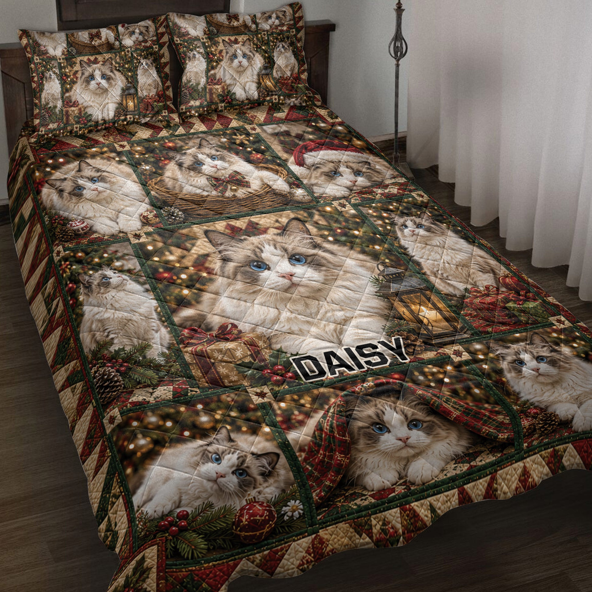 Ragdoll cat quilt blanket spread across a bed with Christmas lights, gifts, greenery, and festive patchwork