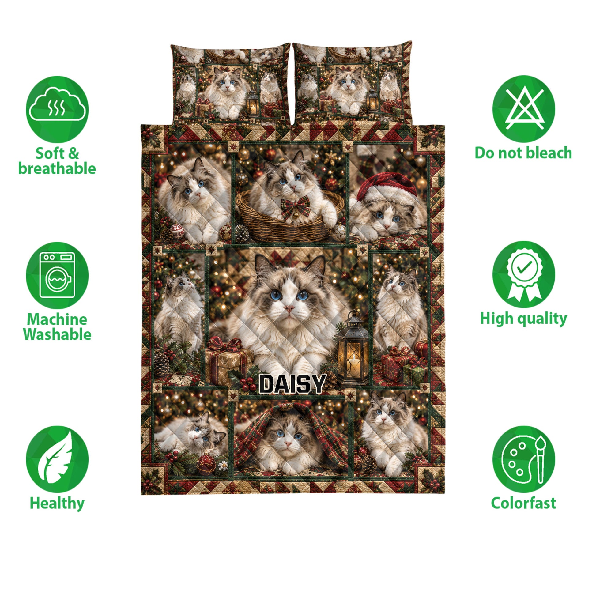 Christmas Ragdoll cat quilt blanket shown with festive cat panels, greenery, gifts, and decorative patchwork