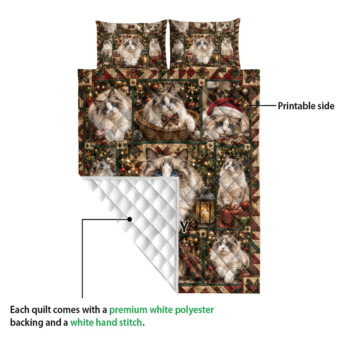 Ragdoll cat quilt blanket detail showing the printed front, quilted backing, and festive cat artwork