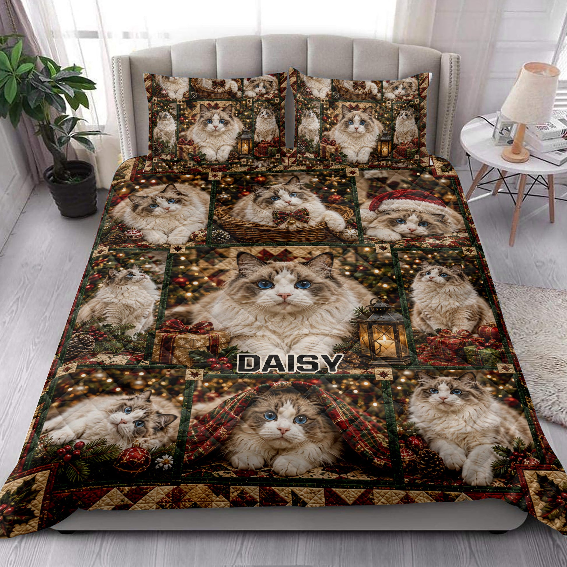 Ragdoll cat Christmas quilt blanket styled on a bed in a bright bedroom with coordinating cat pillows