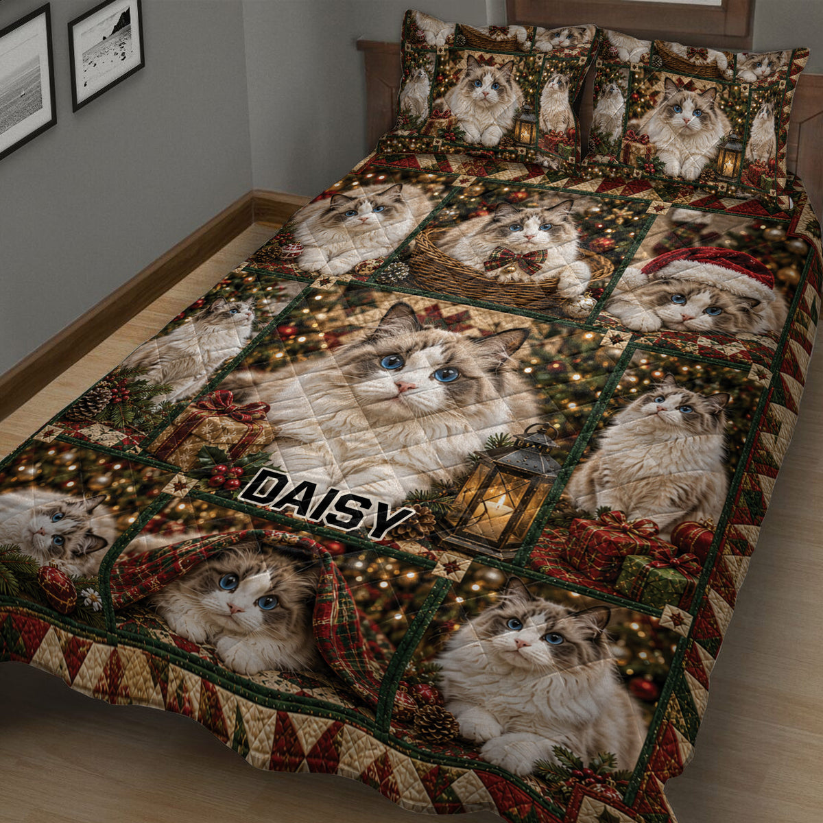 Festive Ragdoll cat quilt blanket displayed on a bed with blue-eyed cats, ornaments, gifts, and lanterns