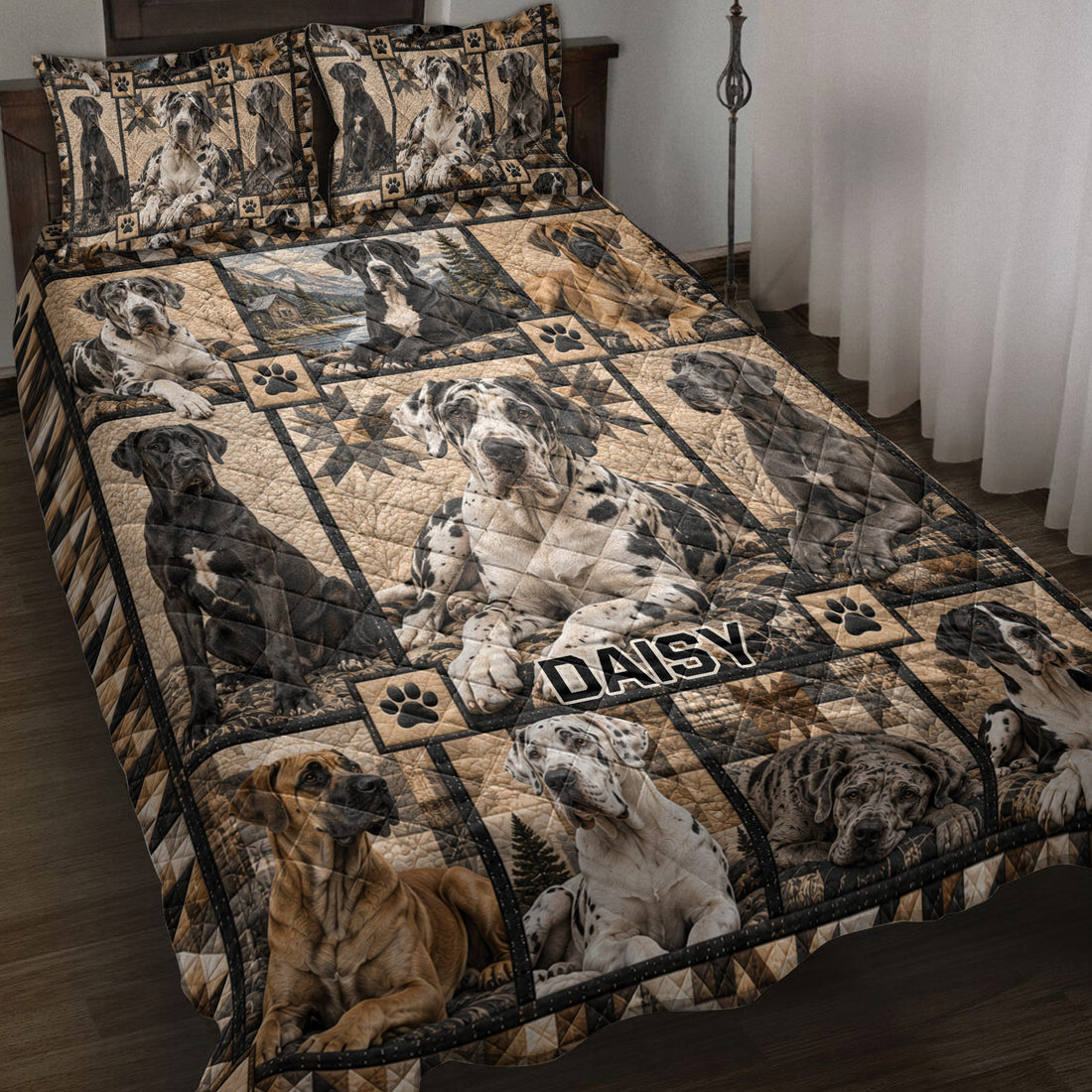 Great Dane quilt blanket displayed on a bed with multiple realistic dogs, paw prints, and rustic mountain artwork