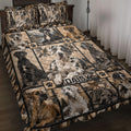 Great Dane quilt blanket displayed on a bed with multiple realistic dogs, paw prints, and rustic mountain artwork