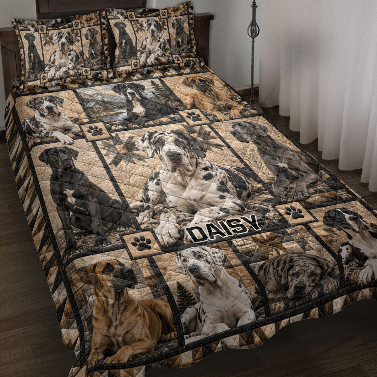 Great Dane quilt blanket displayed on a bed with multiple realistic dogs, paw prints, and rustic mountain artwork