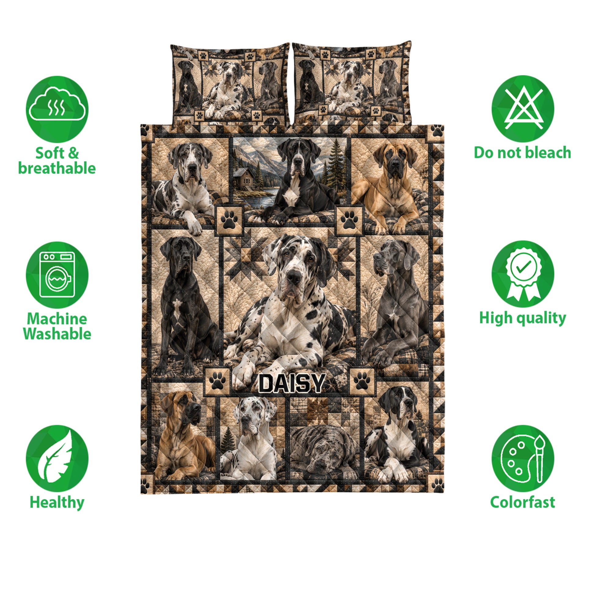 Great Dane quilt bedding set shown with matching pillowcase options and realistic dog artwork in neutral brown tones