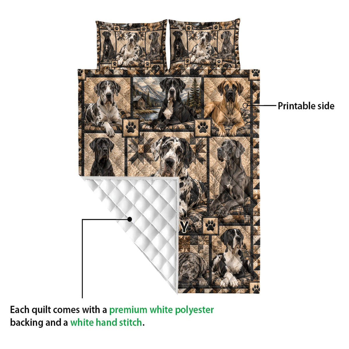 Great Dane quilt blanket detail showing printed dog artwork, quilted backing, and white reverse side